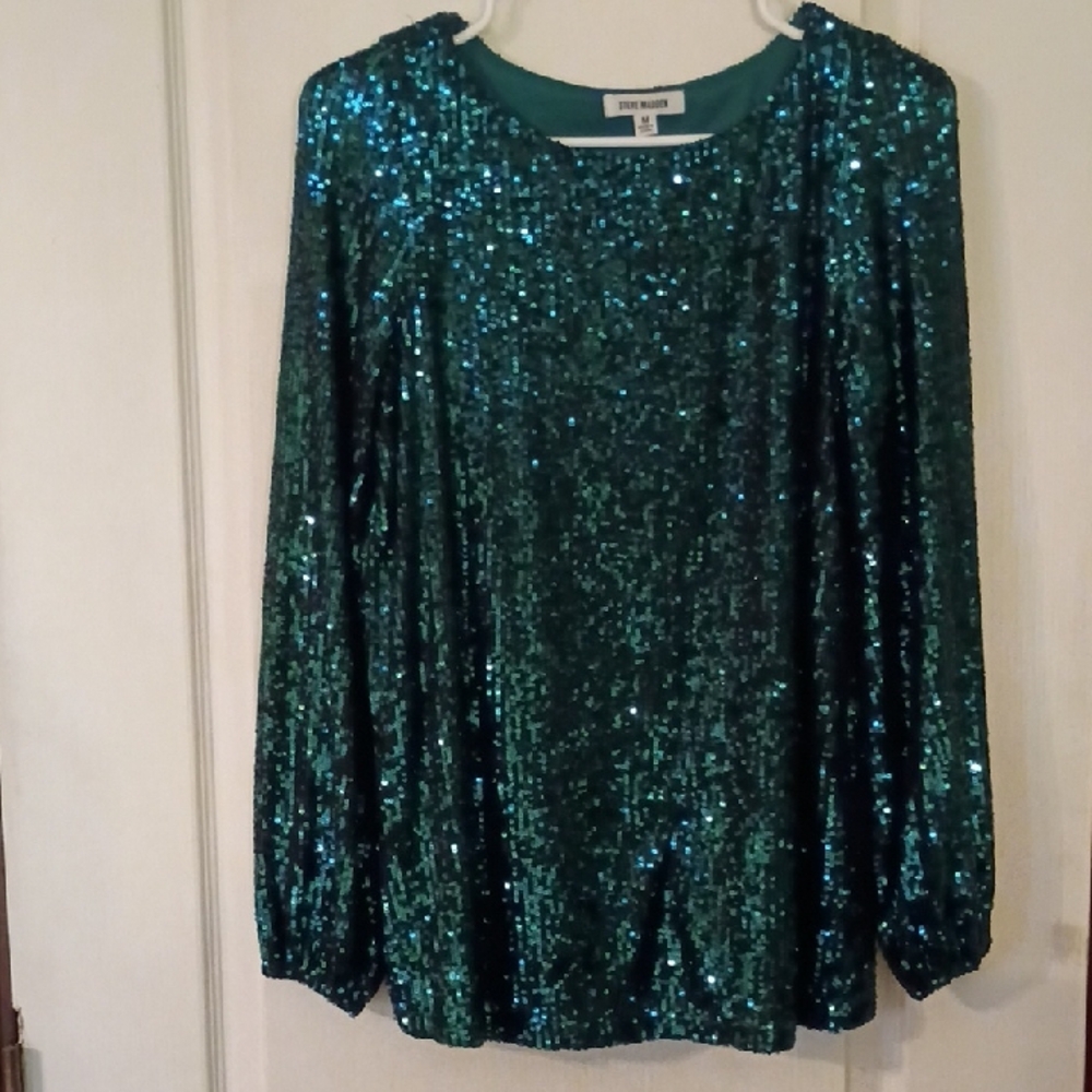 Steve Madden Sparkling Teal Sequin Blouse